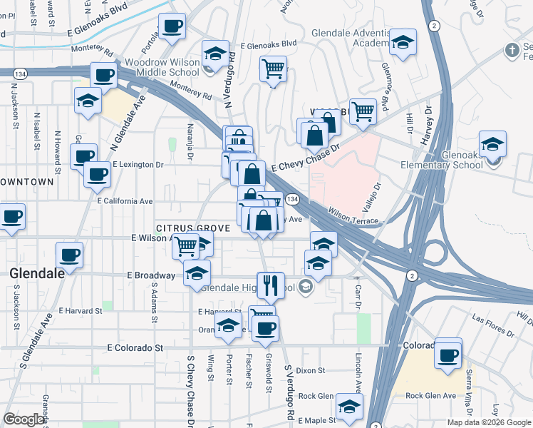 map of restaurants, bars, coffee shops, grocery stores, and more near 1415 Stanley Avenue in Glendale