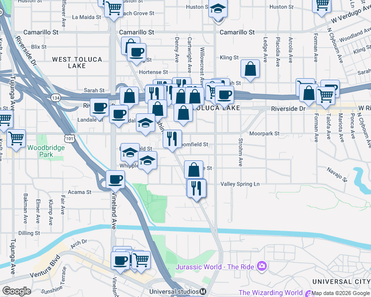 map of restaurants, bars, coffee shops, grocery stores, and more near 10710 Toluca Road in Los Angeles