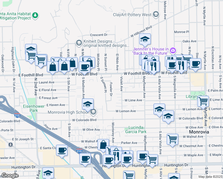 map of restaurants, bars, coffee shops, grocery stores, and more near 214 Fowler Drive in Monrovia