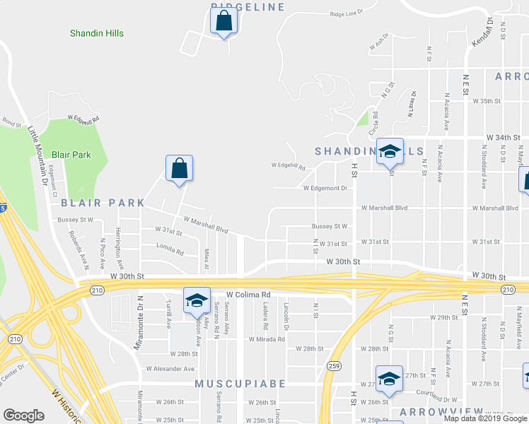 map of restaurants, bars, coffee shops, grocery stores, and more near 986 West Marshall Boulevard in San Bernardino