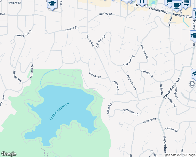 map of restaurants, bars, coffee shops, grocery stores, and more near 17232 Quesan Place in Los Angeles