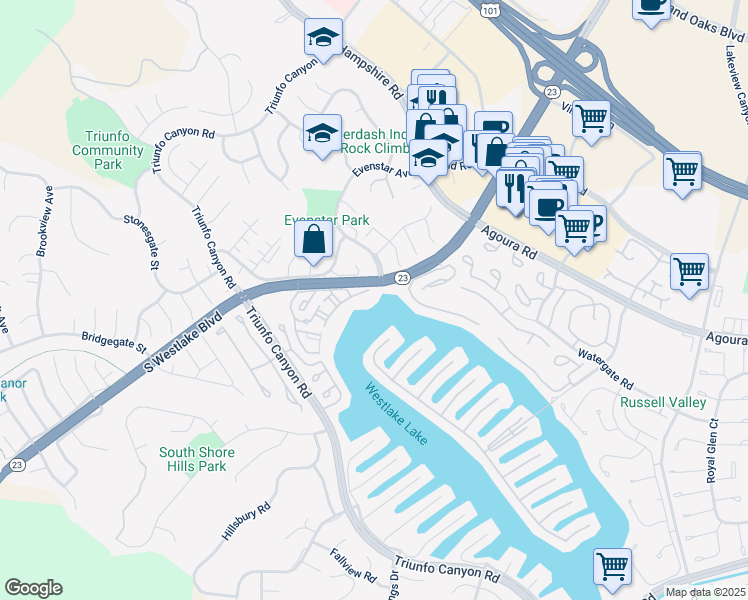 map of restaurants, bars, coffee shops, grocery stores, and more near 1154 South Westlake Boulevard in Westlake Village