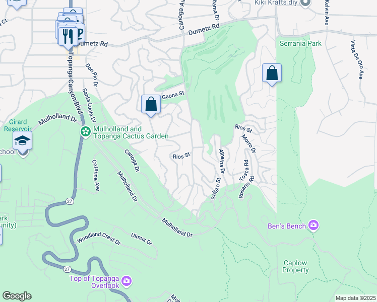 map of restaurants, bars, coffee shops, grocery stores, and more near 21407 Rios Street in Los Angeles