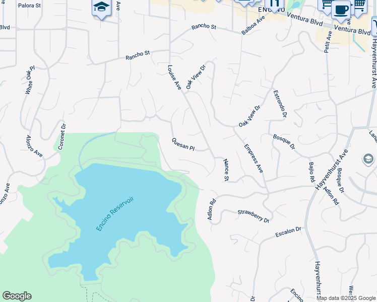 map of restaurants, bars, coffee shops, grocery stores, and more near 17232 Quesan Place in Los Angeles