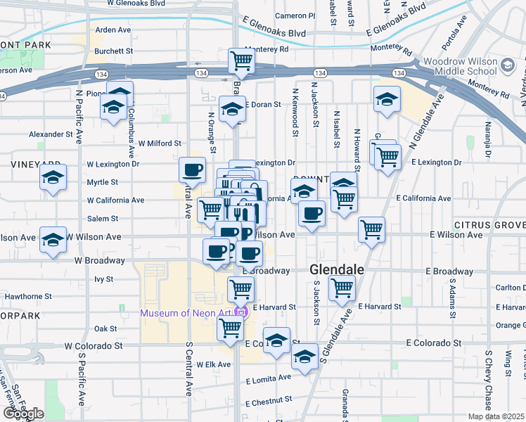 map of restaurants, bars, coffee shops, grocery stores, and more near 225 North Maryland Avenue in Glendale