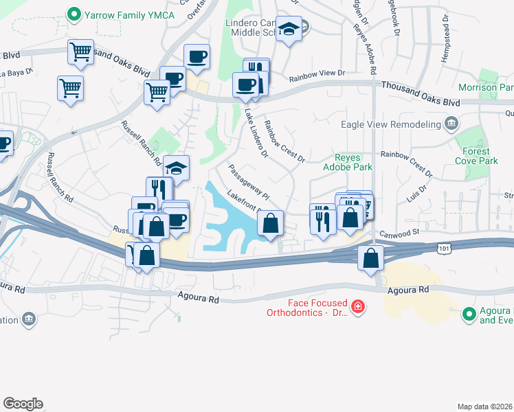 map of restaurants, bars, coffee shops, grocery stores, and more near 30655 Lakefront Drive in Agoura Hills