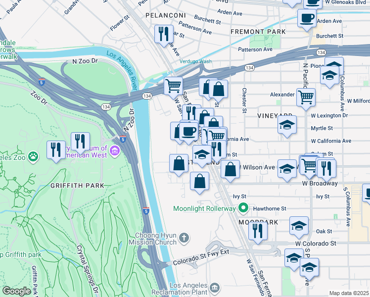 map of restaurants, bars, coffee shops, grocery stores, and more near 4520 Cutter Street in Los Angeles