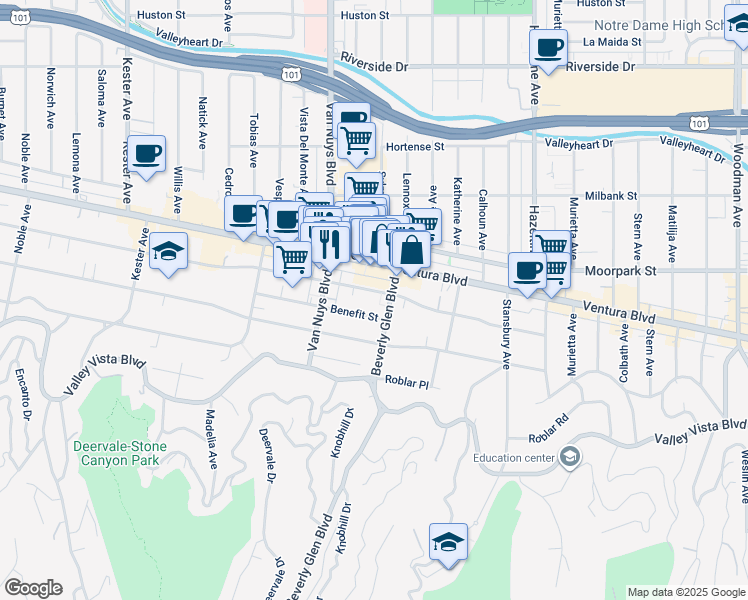 map of restaurants, bars, coffee shops, grocery stores, and more near 14418 Dickens Street in Los Angeles