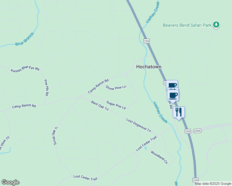 map of restaurants, bars, coffee shops, grocery stores, and more near 136 Stone Pine Lane in Broken Bow