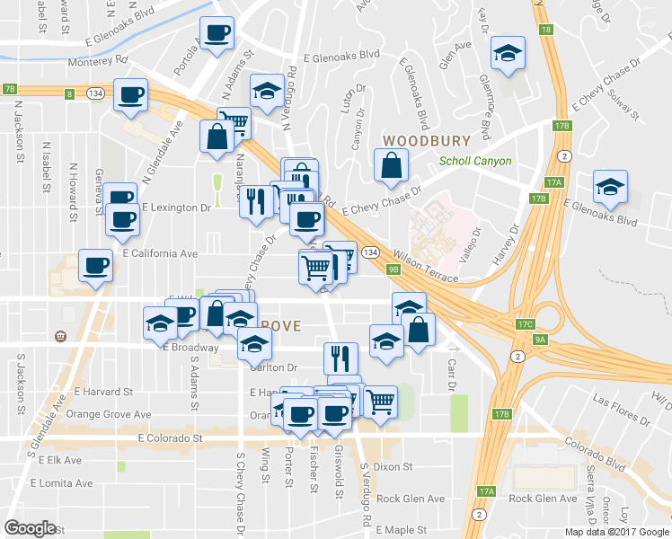 map of restaurants, bars, coffee shops, grocery stores, and more near 1415 Stanley Avenue in Glendale
