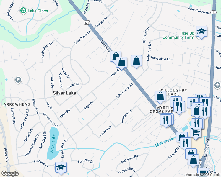 map of restaurants, bars, coffee shops, grocery stores, and more near 163 Raye Drive in Wilmington