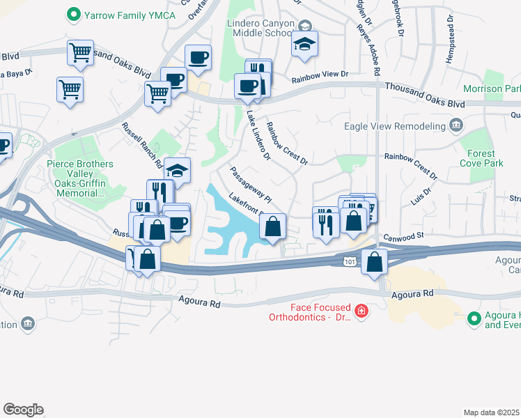 map of restaurants, bars, coffee shops, grocery stores, and more near 30655 Lakefront Drive in Agoura Hills