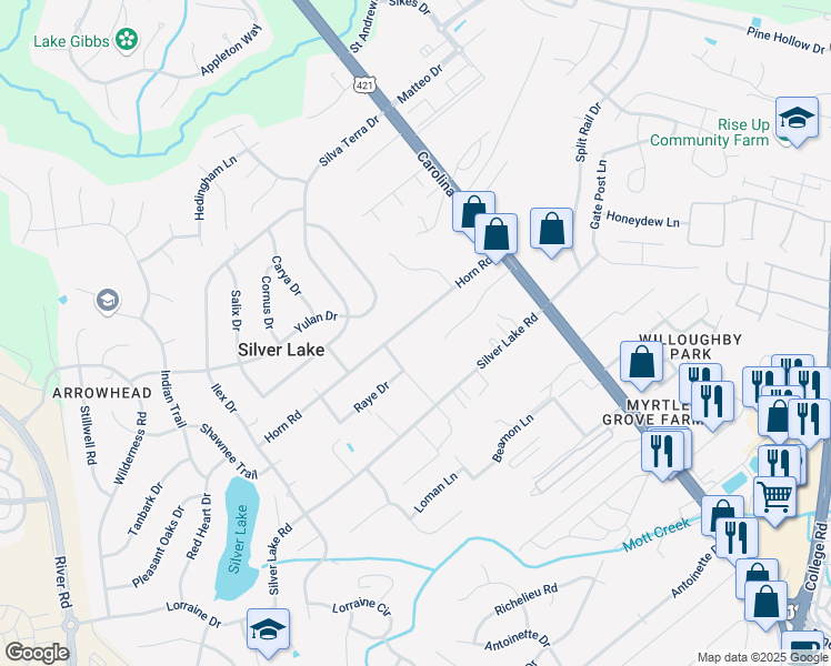 map of restaurants, bars, coffee shops, grocery stores, and more near 205 Horn Road in Wilmington