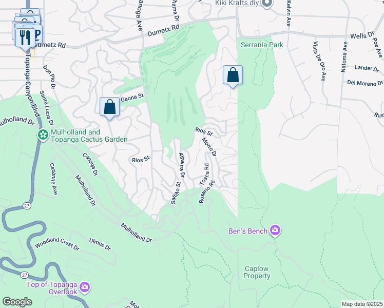 map of restaurants, bars, coffee shops, grocery stores, and more near 21091 Topochico Drive in Los Angeles