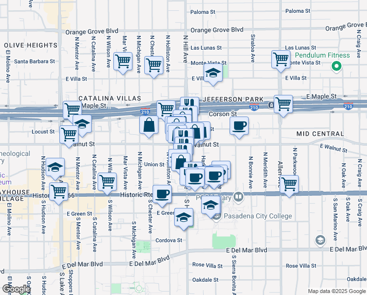 map of restaurants, bars, coffee shops, grocery stores, and more near 1380 East Walnut Street in Pasadena