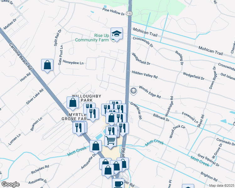map of restaurants, bars, coffee shops, grocery stores, and more near 4908 South College Road in Wilmington
