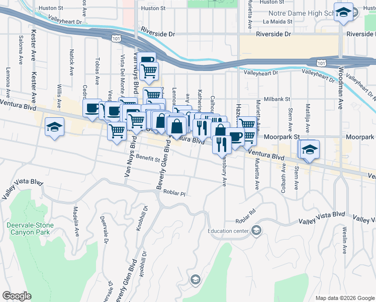 map of restaurants, bars, coffee shops, grocery stores, and more near 14271 Dickens Street in Los Angeles
