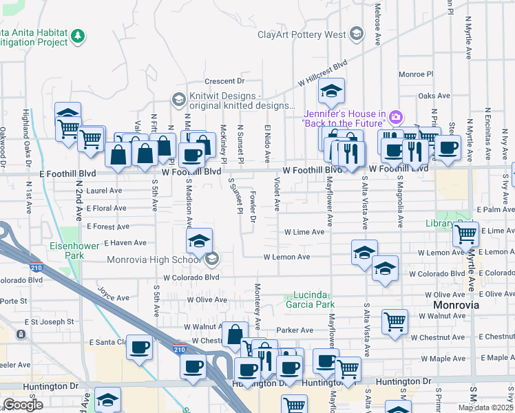 map of restaurants, bars, coffee shops, grocery stores, and more near 214 Fowler Drive in Monrovia