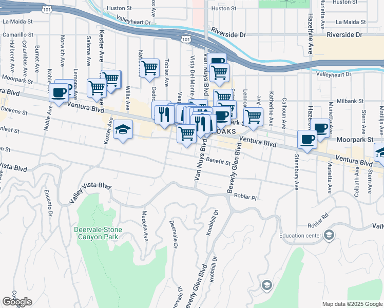 map of restaurants, bars, coffee shops, grocery stores, and more near 14521 Benefit Street in Los Angeles