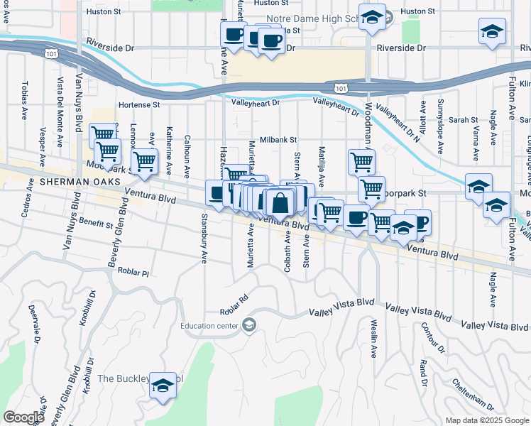 map of restaurants, bars, coffee shops, grocery stores, and more near 4206 Costello Avenue in Los Angeles