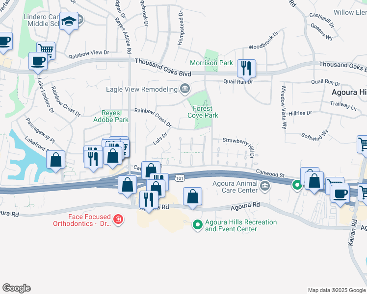 map of restaurants, bars, coffee shops, grocery stores, and more near 5341 Isabella Court in Agoura Hills