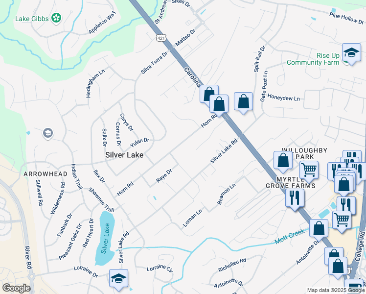 map of restaurants, bars, coffee shops, grocery stores, and more near 205 Horn Road in Wilmington