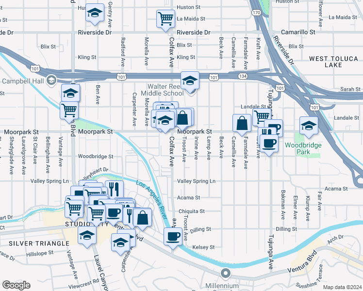 map of restaurants, bars, coffee shops, grocery stores, and more near 4367 Troost Avenue in Los Angeles