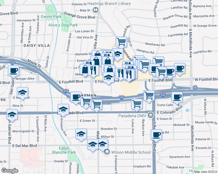 map of restaurants, bars, coffee shops, grocery stores, and more near 169 North Halstead Street in Pasadena