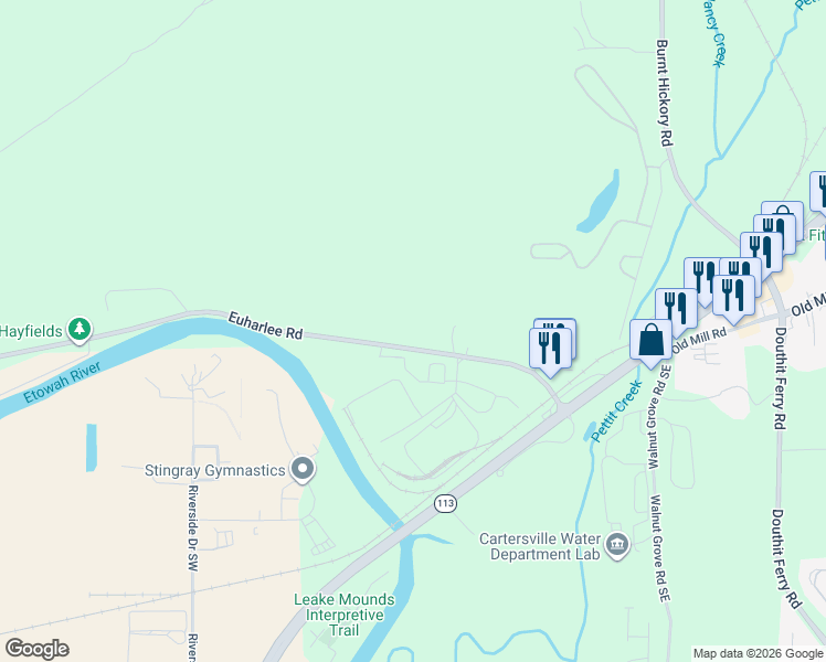 map of restaurants, bars, coffee shops, grocery stores, and more near 104 Euharlee Road Southwest in Cartersville