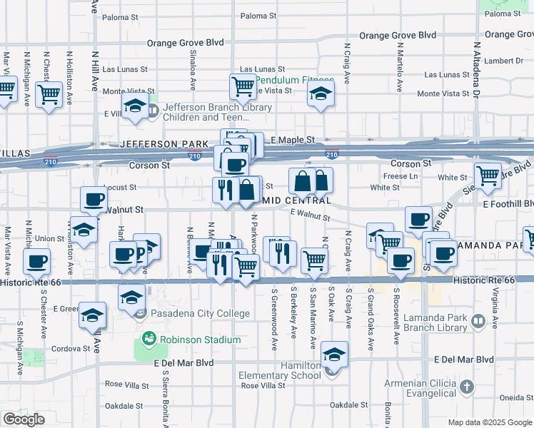 map of restaurants, bars, coffee shops, grocery stores, and more near 1880 East Walnut Street in Pasadena