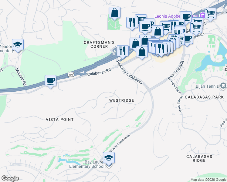 map of restaurants, bars, coffee shops, grocery stores, and more near 24205 Park Granada in Calabasas