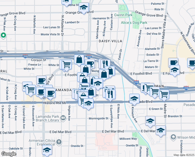 map of restaurants, bars, coffee shops, grocery stores, and more near 180 North San Gabriel Boulevard in Pasadena