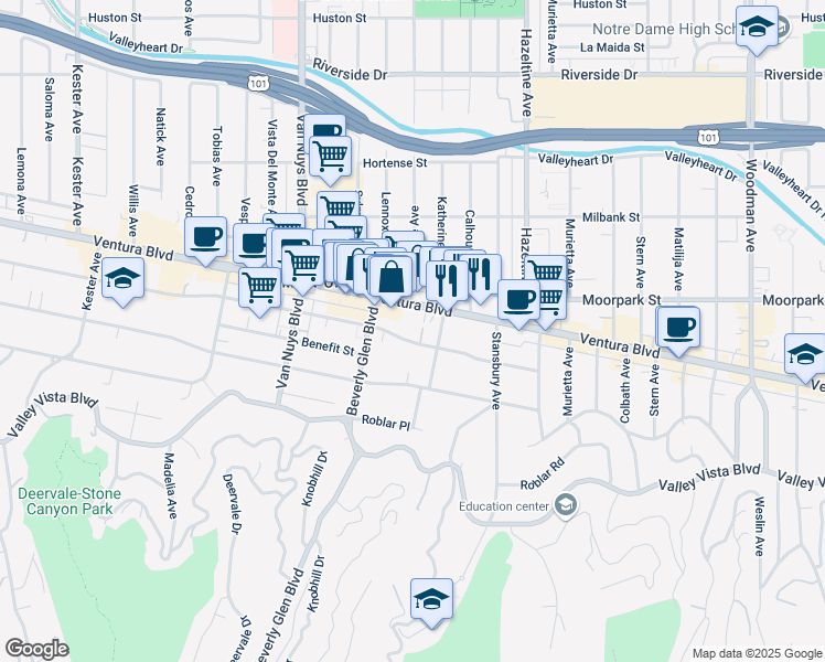 map of restaurants, bars, coffee shops, grocery stores, and more near 14275 Dickens Street in Los Angeles