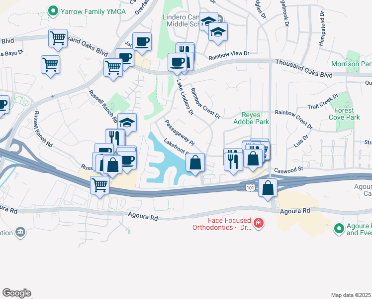 map of restaurants, bars, coffee shops, grocery stores, and more near 30655 Lakefront Drive in Agoura Hills