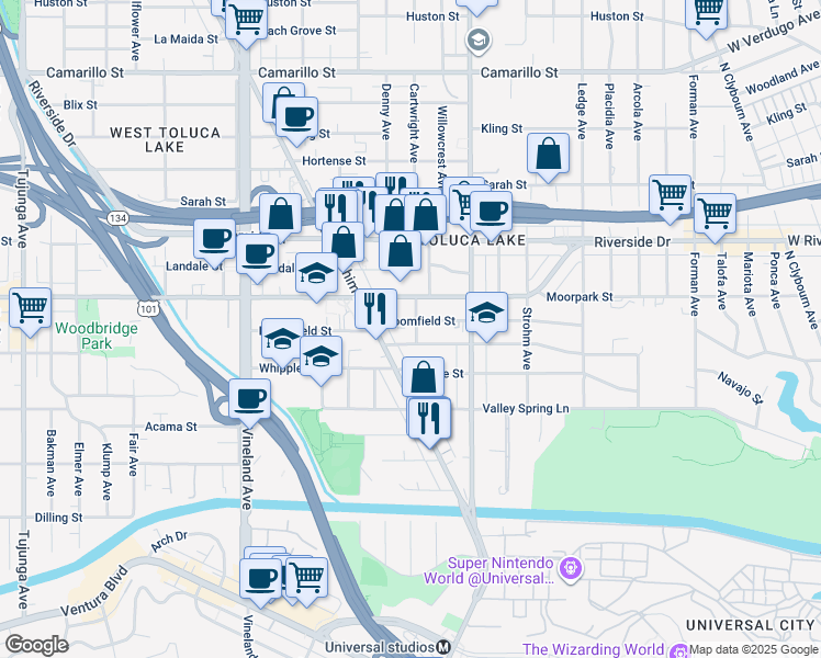 map of restaurants, bars, coffee shops, grocery stores, and more near 10700 Bloomfield Street in Los Angeles