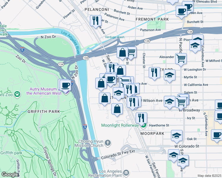 map of restaurants, bars, coffee shops, grocery stores, and more near 4520 Cutter Street in Los Angeles