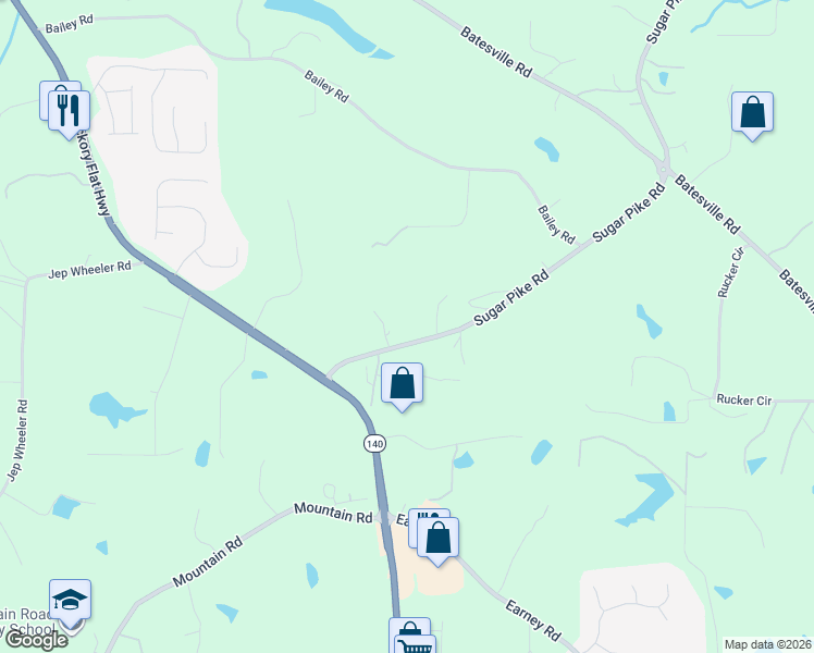 map of restaurants, bars, coffee shops, grocery stores, and more near 2043 Sugar Pike Road in Woodstock