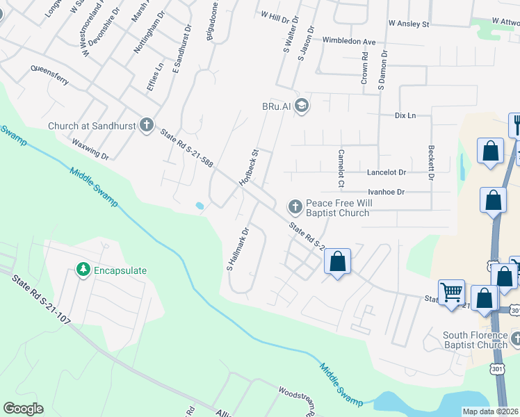 map of restaurants, bars, coffee shops, grocery stores, and more near 2471 South Hallmark Drive in Florence