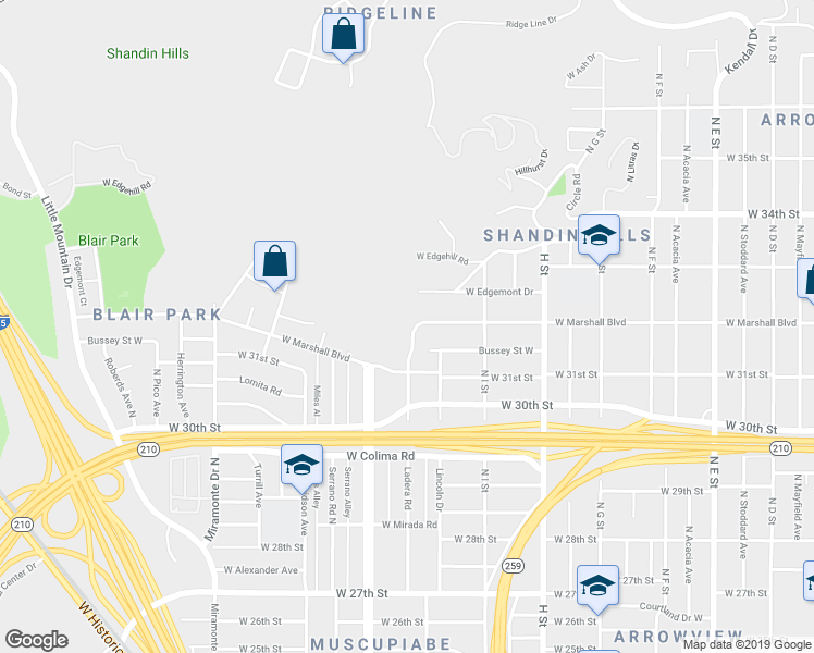 map of restaurants, bars, coffee shops, grocery stores, and more near 986 West Marshall Boulevard in San Bernardino
