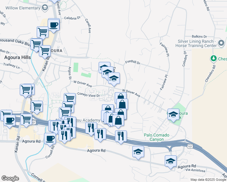 map of restaurants, bars, coffee shops, grocery stores, and more near 28512 Conejo View Drive in Agoura Hills