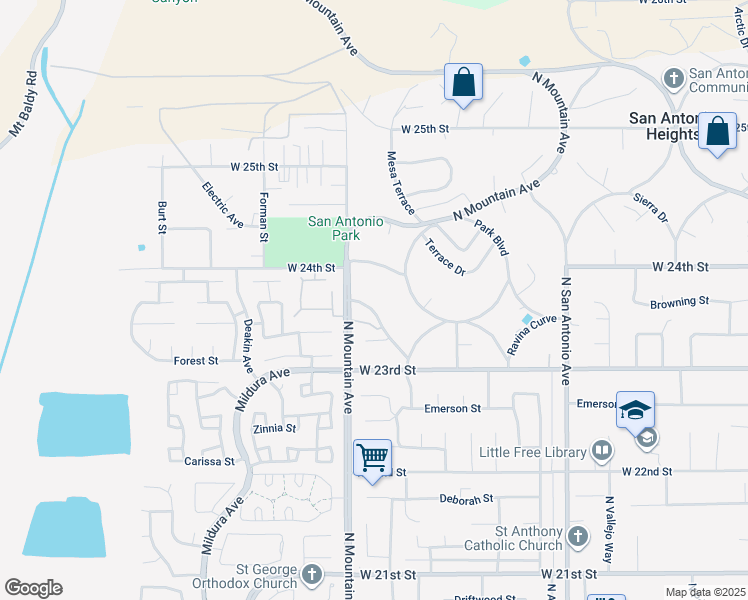 map of restaurants, bars, coffee shops, grocery stores, and more near 2376 West Sunset Curve in Upland