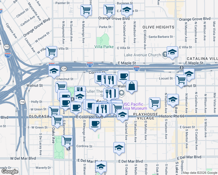 map of restaurants, bars, coffee shops, grocery stores, and more near 175 North Euclid Avenue in Pasadena