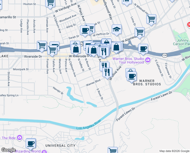 map of restaurants, bars, coffee shops, grocery stores, and more near 4140 McFarlane Avenue in Burbank