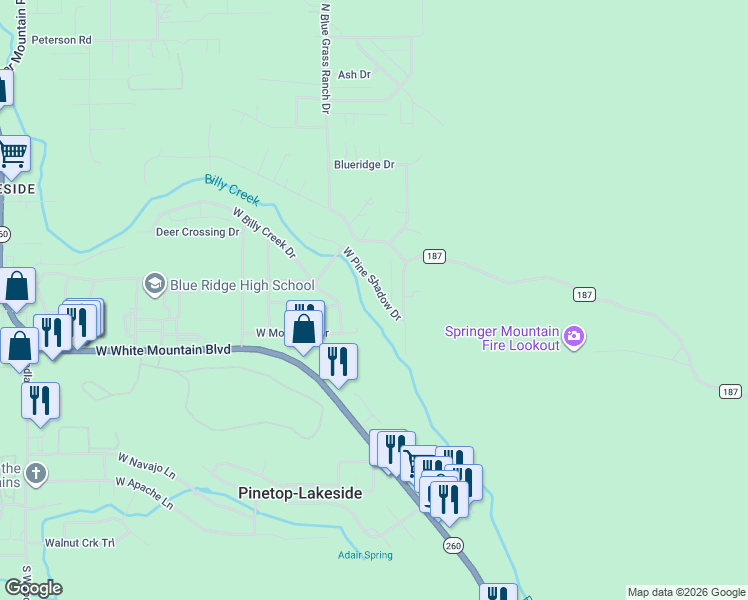 map of restaurants, bars, coffee shops, grocery stores, and more near 169 West Pine Shadow Drive in Pinetop-Lakeside