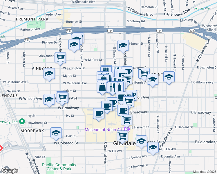 map of restaurants, bars, coffee shops, grocery stores, and more near 236 North Central Avenue in Glendale