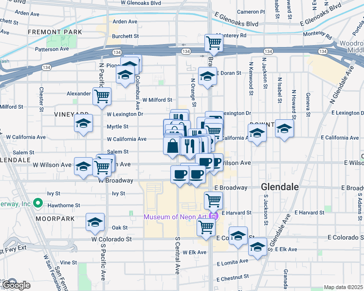 map of restaurants, bars, coffee shops, grocery stores, and more near 236 North Central Avenue in Glendale