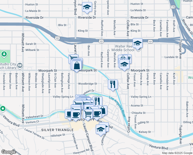 map of restaurants, bars, coffee shops, grocery stores, and more near 4328 Gentry Avenue in Los Angeles