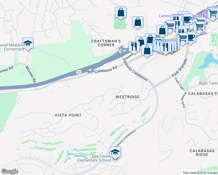 map of restaurants, bars, coffee shops, grocery stores, and more near 24247 Park Granada in Calabasas