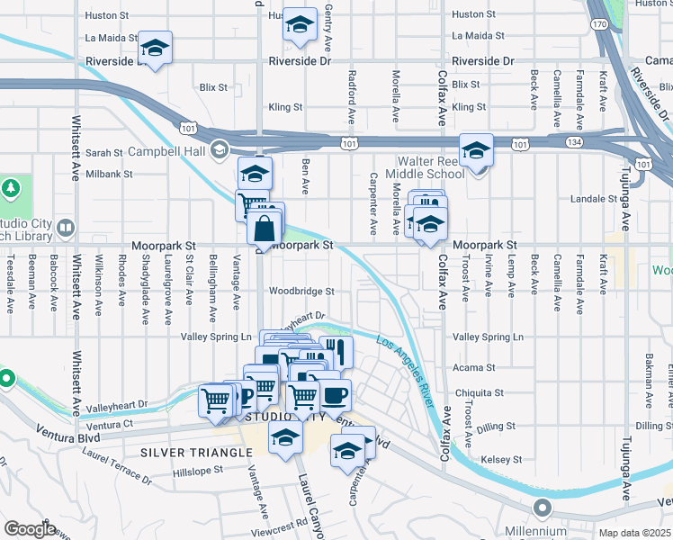map of restaurants, bars, coffee shops, grocery stores, and more near 4328 Gentry Avenue in Los Angeles