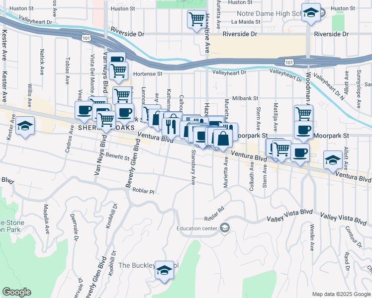 map of restaurants, bars, coffee shops, grocery stores, and more near 14141 Dickens Street in Los Angeles